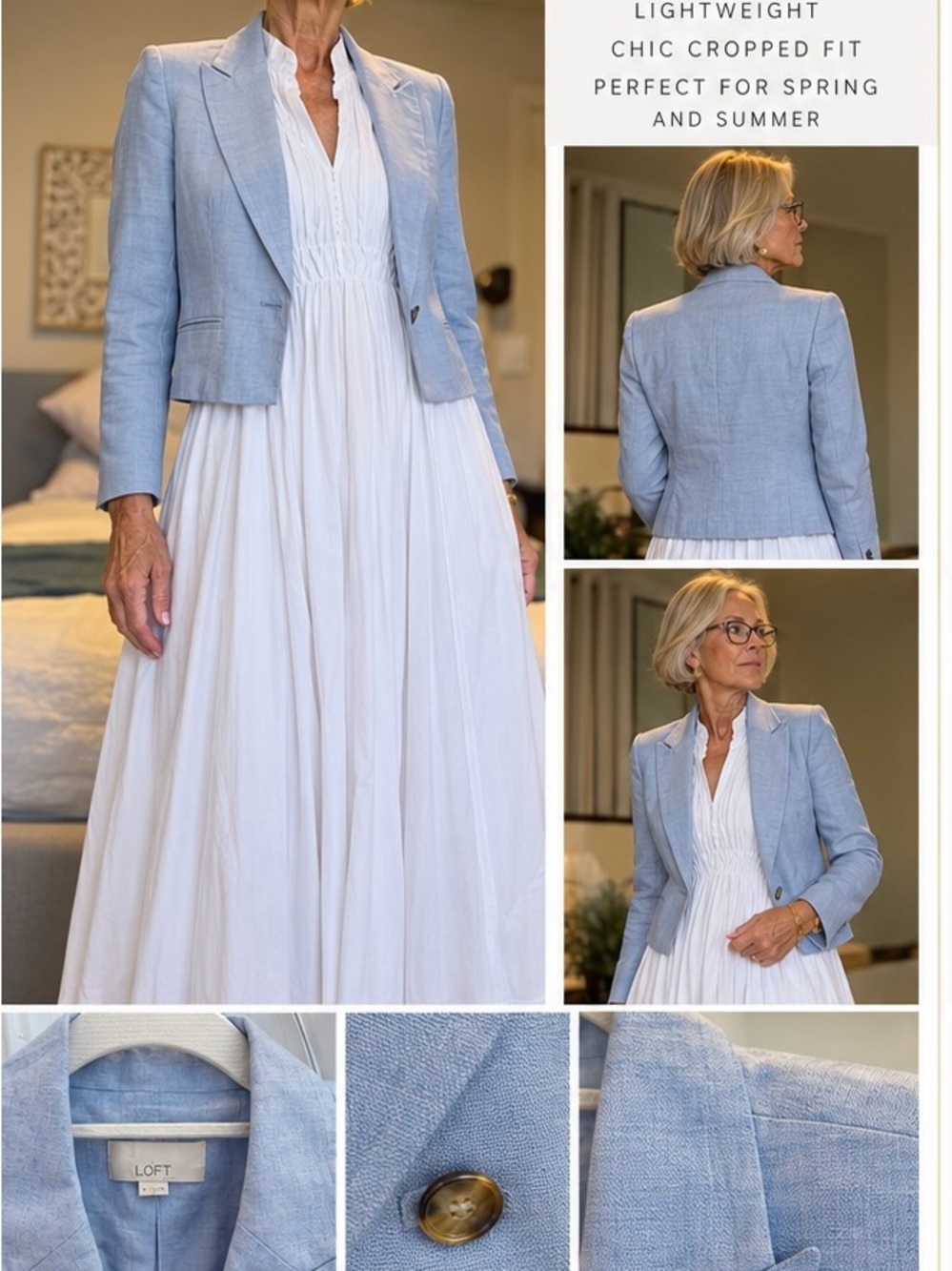 LOFT Light Blue Cropped Linen Blazer NWT